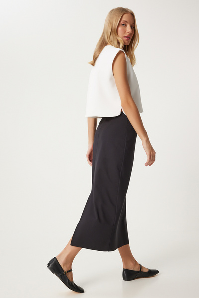 Happiness İstanbul Black Long Slit Women's Pencil Skirt - Fn03329
