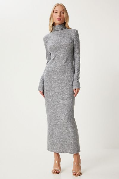 Happiness İstanbul Gray Turtleneck Back Low-cut Knitted Women's Dress - Fn03315
