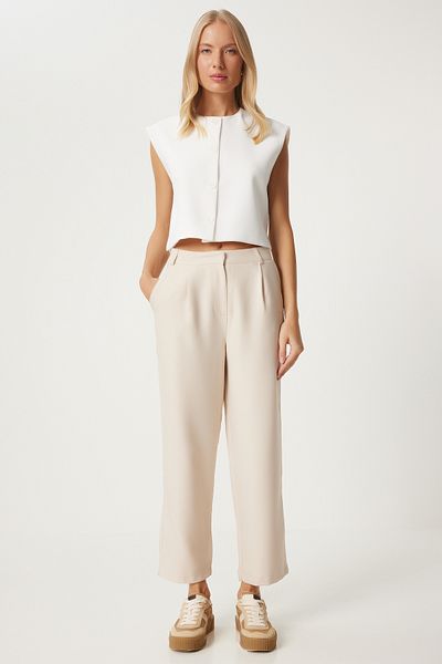 Happiness İstanbul Cream Colored Women's Woven Trousers - Pipe Leg Fn03310