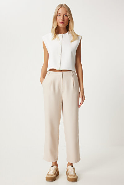 Happiness İstanbul Cream Colored Women's Woven Trousers - Pipe Leg Fn03310