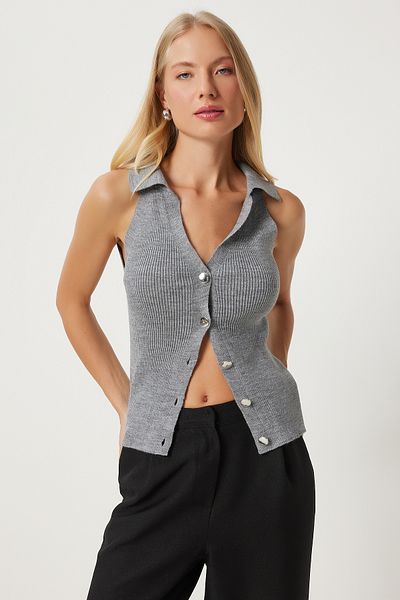Happiness İstanbul Corded KnitwearPoloCollar Women's Vest - Gray Fn03302