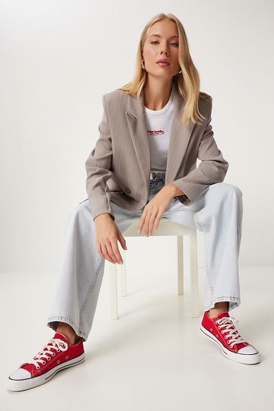 Happiness İstanbul Nerzfarbene, dünn gestreifte Oversize-Damenjacke - Zweireihig TO00152