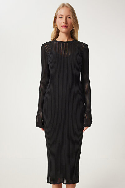 Happiness İstanbul Černé světlé pletené šaty – transparentní design Fn03326