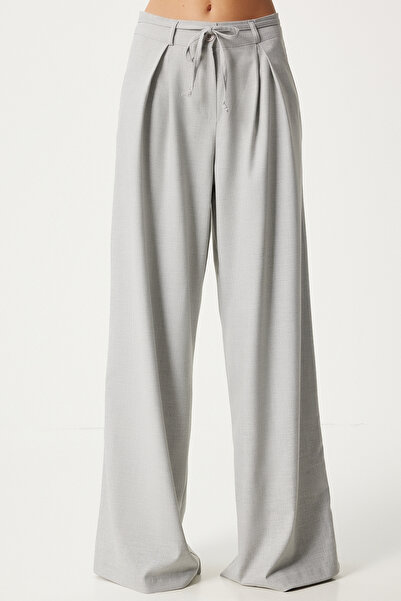 Happiness İstanbul Dámské šedé kalhoty s vysokým pasem a páskem - FN03280