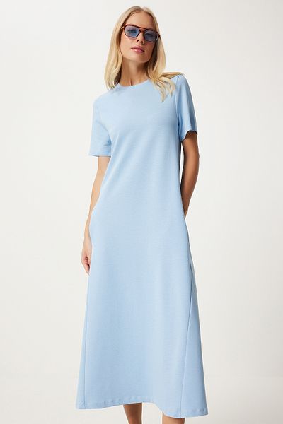 Happiness İstanbul Himmelblaues A-Linien-Sommerkleid aus gekämmter Baumwolle für Damen UB00060