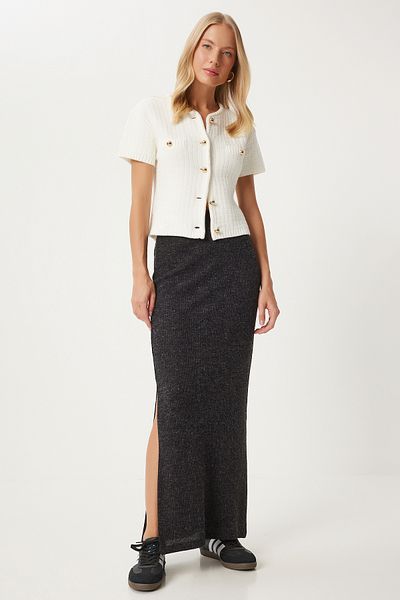 Happiness İstanbul Anthracite Long Knitted Skirt - Slit, Women, Fn03327