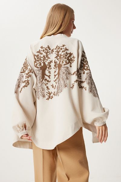 Happiness İstanbul LeinenKimono - Damen, Cremefarben, Bestickt, Or00005