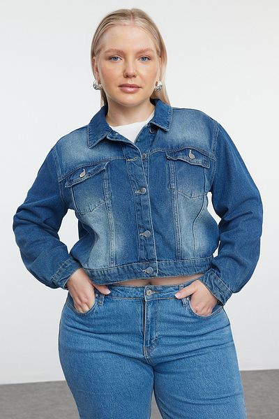 Trendyol Curve Синьо изрязано дънково яке с голям размер - TBBAW25AG00007
