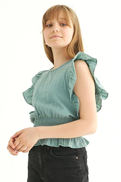 zepkids Crew Neck Bat Sleeve Green Color Girl's Blouse