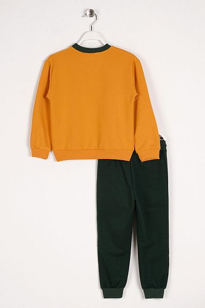 zepkids Crew Neck Long Sleeve Collar Color Detailed Waist Elastic Mustard Color Boy's Two-Piece Set