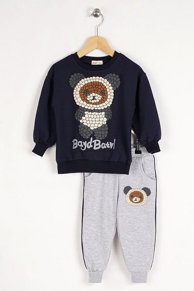 zepkids Crew Neck Long Sleeve Teddy Bear Printed Long Sleeve Navy Blue Color Boy's Two-Piece Set