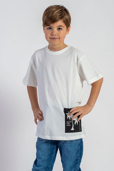 zepkids Crew Neck Short Sleeve Palm Printed Ecru Color Boys' T-shirt