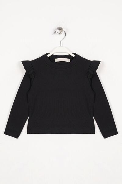 zepkids Crew Neck Long Sleeve Shoulder Frilly Black Color Girl's Bodysuit