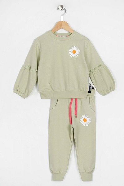 zepkids Crew Neck Long Sleeve Cıcek Patterned Water Green Color Girl's Tracksuit Set