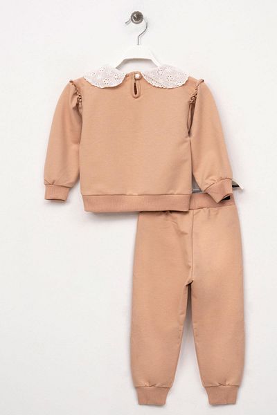 zepkids Baby Collar Long Sleeve Baby Collar Lace Shoulder Ruffle Beige Color Girl's Tracksuit Set