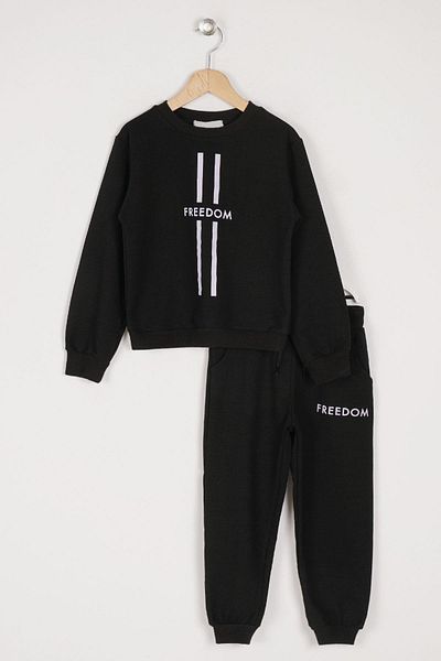zepkids Crew Neck Long Sleeve Freedom Printed Black Color Boy's Tracksuit