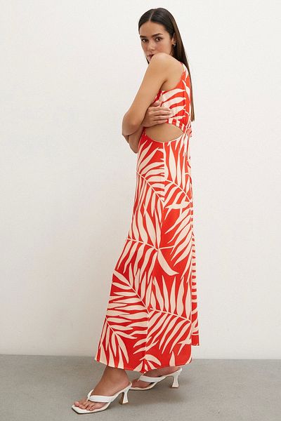Never more Red Patterned Low-cut Strap Dress