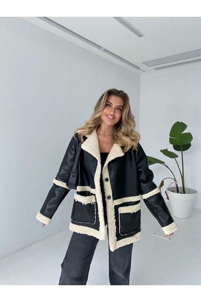 munora butik Bílá kožešina uvnitř kožený kabát s velkou kapsou