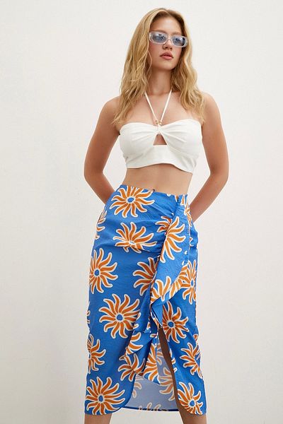 Never more Fusta albastră cu modele cu volan
