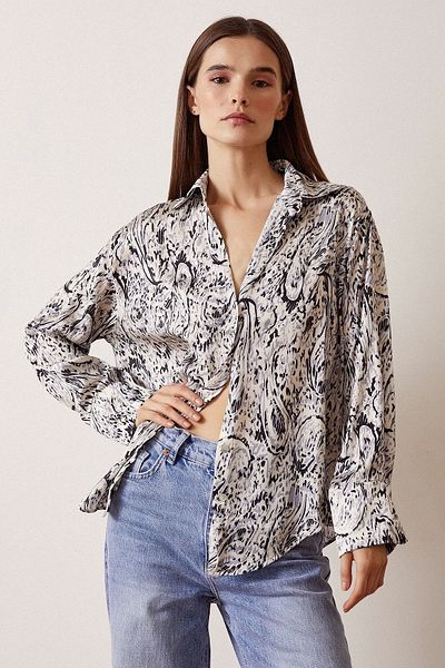 Never more V-Neck Patterned Satin Shirt