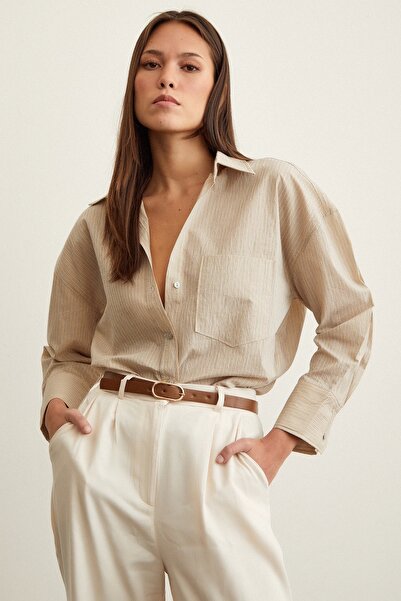 Never more Striped Oversize Shirt Beige