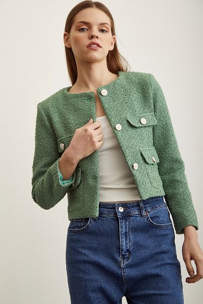 Never more Button Detailed Tweed Jacket