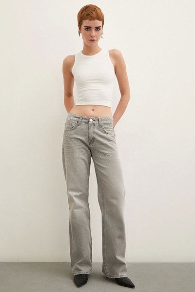 Never more Stone Detailed High Waist Wide Leg Jeans Smoked