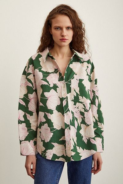 Never more Rose Patterned Poplin Shirt Green