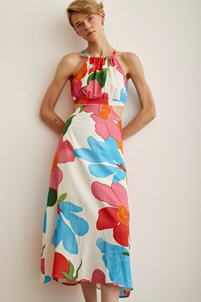 Never more Yanları Dekolteli Askılı Desenli Elbise