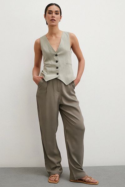 Never more Khaki Colored Classic Trousers - Belt Detailed