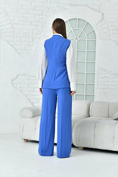 nodilife Salaş Yelekli Keten Takım Elbise Saks Mavisi