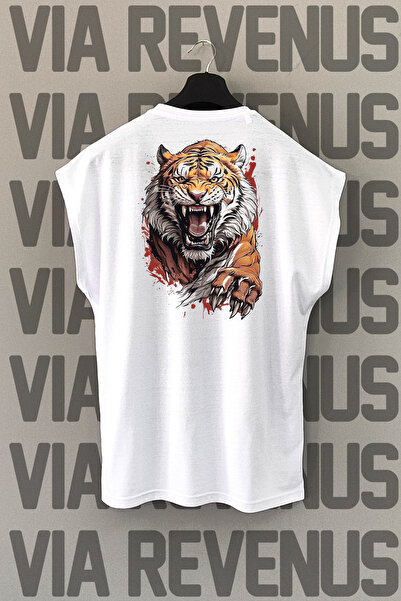 Vordevia Tricou sport alb - imprimeu pe spate tigru, mâneci zero