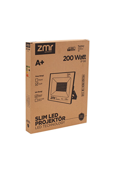 ZMR 200 Watt Beyaz 6500k Ip66 150* Işık Açısı 220 Volt Siyah Slim Kasa Led Projektör (81)
