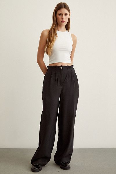 Never more Elastic Waist Button Detailed Pleated Trousers Black