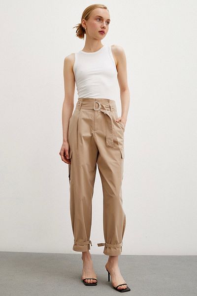 Never more Beige Colored Waist Pleated Cargo Pants