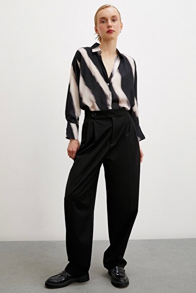 Never more Beige Satin Shirt - Patterned V-Neck