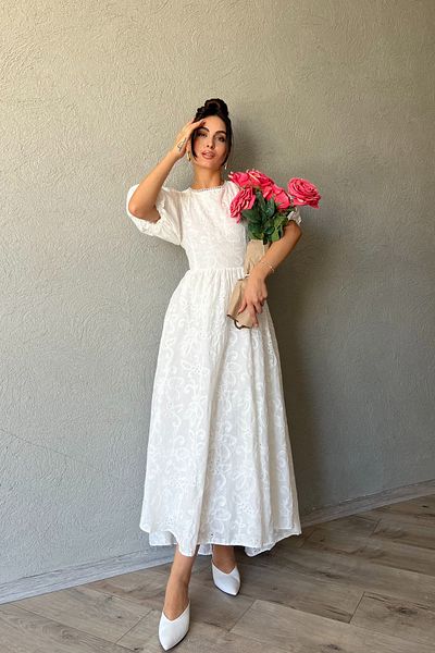 Seda Yalçın Atelier White Embroidery Dress with Balloon Sleeve and Tie Back