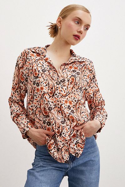 Never more Orange Patterned Satin Shirt - Wafer Model