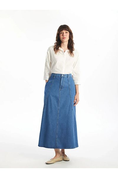 LC Waikiki LcwaikikiClassicA-line Medium Blue Washed Elastic Waist Women'sJeanSkirt
