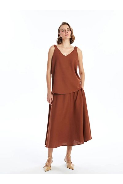 LC Waikiki Lcwaikiki Classic Brown Elastic Waist Straight Linen Blended Women's Skirt