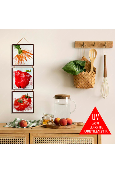 TAKIFİX Mutfak Sebze Temalı 15 x 45 CM MDF Üçlü Duvar Tablosu