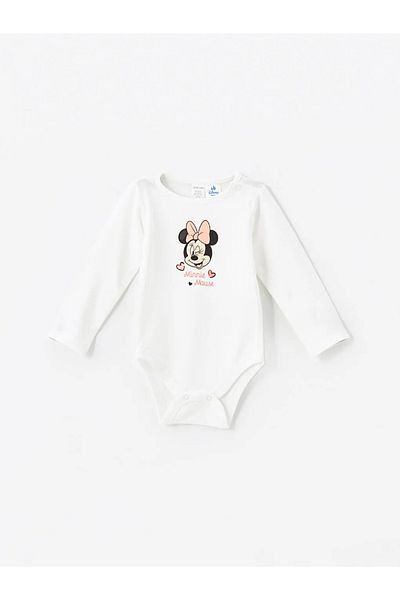 LC Waikiki Бебешко боди и панталони с шарки на Minnie Mouse Lcw - кръгло деколте, дълъг ръкав, комплект от 2 части със закопчалки