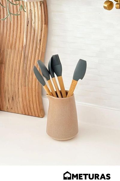Meturas Gray Set of 5 - Kitchen Bamboo Silicone Spoon Ladle Spatula Wooden Body Hangable