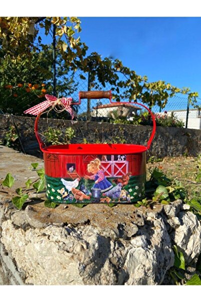 Handmadesign Çiftlik Temalı Kızlı Galvaniz Çok Amaçlı Bölmeli Sepet & Kaşıklı...