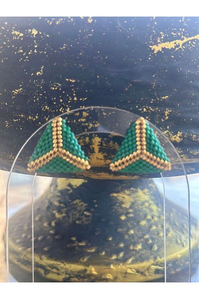 Baykuşca Green and Gold Colored Miyuki Earrings - Triangle Design, Marine Handmade