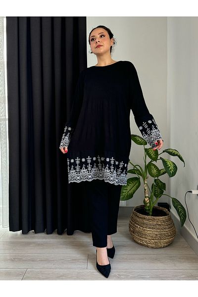 LİKRA Large Size Flexible Viscose Tunic - Scallop Detailed Sleeves