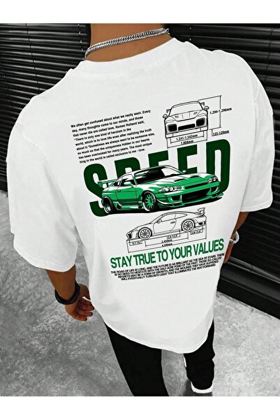 over head oh Tricou oversize pentru bărbați cu imprimeu Speed Car alb
