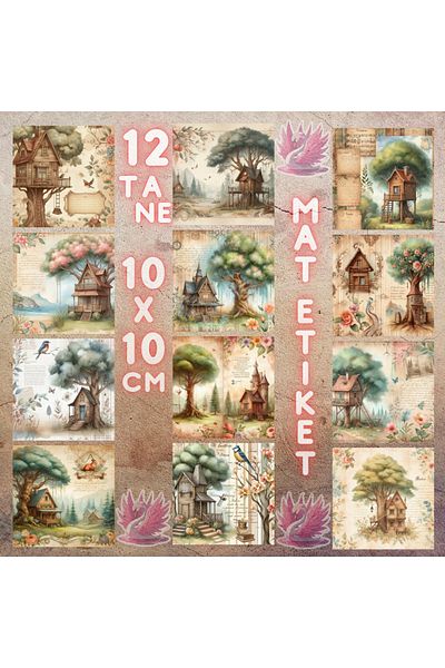 Pink Swan Craft مجموعة ملصقات ملصقات القصاصات المكونة من 12 قطعة من Vintage Tree Houses - مخطط بساط مجلة رصاصة