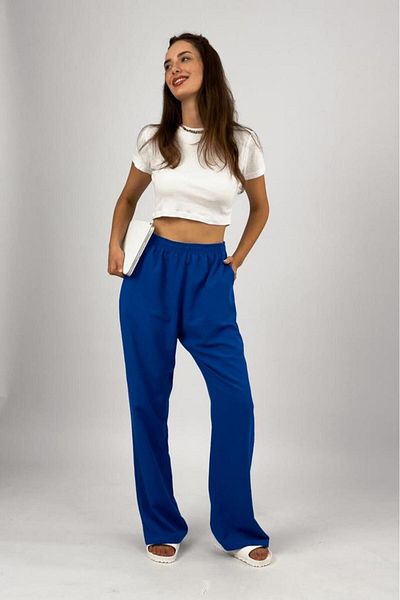 Betimoda Saks Blue Oversize Palazzo Women's Trousers - Cotton Linen Pocket, Loose Cut