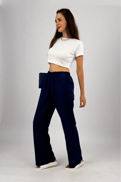 Betimoda Navy Blue Oversize Palazzo Women's Trousers - Cotton Linen, Pockets